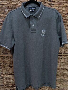 Psycho Bunny Gray Polo with White Trim and Embroidered Logo Size 7 (XL)